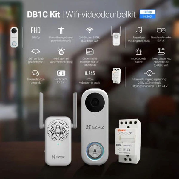 DB1C Kit (met Chime & Transformer) - Wifi-videodeurbelkit - werkt met Google Assistent - Zonder Abonnement -Wit