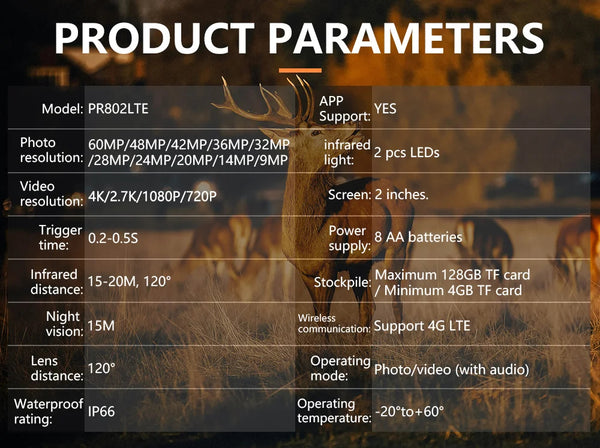 4G LTE Wildcamera met App – 4K Video & 60MP Foto’s – Nachtzicht – IP66 Waterdicht